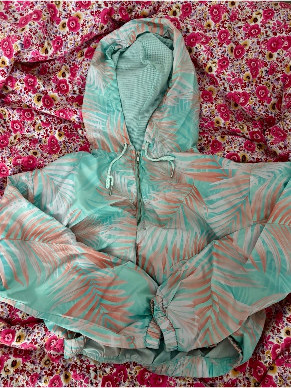 Forever 21 Mint Green Peach Palm-Print Tropical Hooded Athletic Zipper Jacket